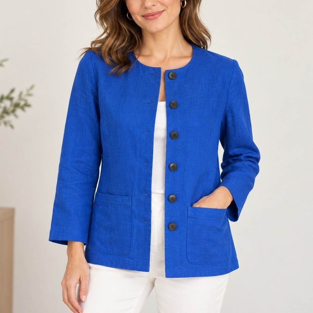 VTG Liz Claiborne Royal Blue 100% Linen Blazer WMS 4P Made in USA‎ by UNION